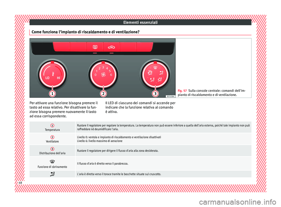 Seat Ateca 2017 Manuale del proprietario (in Italian) Elementi essenziali
Come funziona l'impianto di riscaldamento e di ventilazione? Fig. 57
Sulla console centrale: comandi dell'im-
pi ant
o di riscaldamento e di ventilazione. Per attivare una Seat Ateca 2017 Manuale del proprietario (in Italian) Elementi essenziali
Come funziona l'impianto di riscaldamento e di ventilazione? Fig. 57
Sulla console centrale: comandi dell'im-
pi ant
o di riscaldamento e di ventilazione. Per attivare una