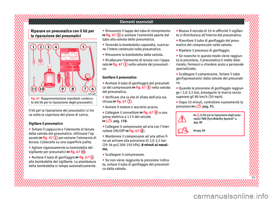 Seat Ateca 2017  Manuale del proprietario (in Italian) Elementi essenziali
Riparare un pneumatico con il kit per
l a rip
arazione dei pneumatici Fig. 67
Rappresentazione standard: contenu-
t o del

 kit per la riparazione degli pneumatici. Il kit per la r