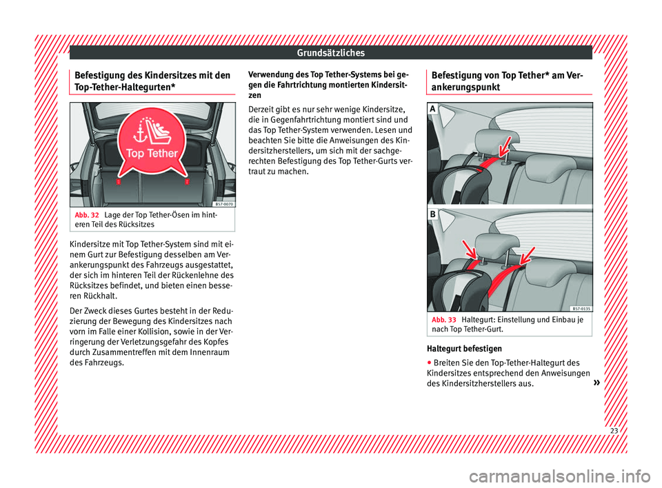 Seat Ateca 2016  Betriebsanleitung (in German) Grundsätzliches
Befestigung des Kindersitzes mit den
T op-
Tether-Haltegurten* Abb. 32 
Lage der Top Tether-Ösen im hint-
er en 

Teil des Rücksitzes Kindersitze mit Top Tether-System sind mit ei-
