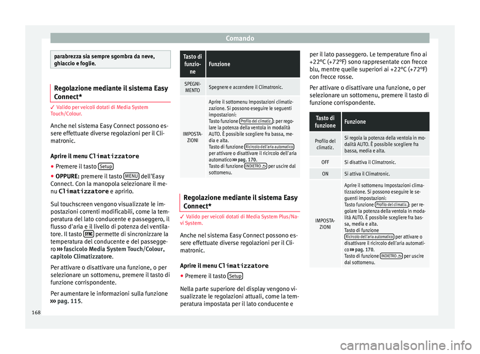Seat Ateca 2016 Manuale del proprietario (in Italian) Comando
parabrezza sia sempre sgombra da neve,
ghi
ac
cio e foglie. Regolazione mediante il sistema Easy
C
onnect* 3
Valido per veicoli dotati di Media System
T
ouch/Colour.
Anche nel sistema Easy C Seat Ateca 2016 Manuale del proprietario (in Italian) Comando
parabrezza sia sempre sgombra da neve,
ghi
ac
cio e foglie. Regolazione mediante il sistema Easy
C
onnect* 3
Valido per veicoli dotati di Media System
T
ouch/Colour.
Anche nel sistema Easy C