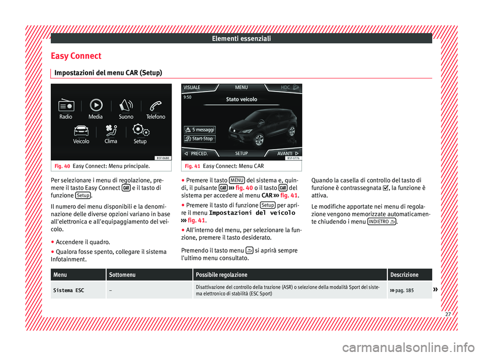 Seat Ateca 2016 Manuale del proprietario (in Italian) Elementi essenziali
Easy Connect Impo s
tazioni del menu CAR (Setup) Fig. 40
Easy Connect: Menu principale. Fig. 41
Easy Connect: Menu CAR Per selezionare i menu di regolazione, pre-
mer
e i
l tasto Seat Ateca 2016 Manuale del proprietario (in Italian) Elementi essenziali
Easy Connect Impo s
tazioni del menu CAR (Setup) Fig. 40
Easy Connect: Menu principale. Fig. 41
Easy Connect: Menu CAR Per selezionare i menu di regolazione, pre-
mer
e i
l tasto