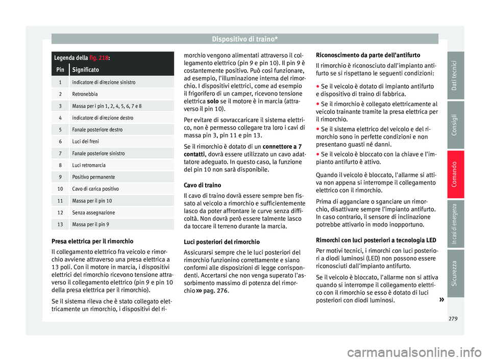 Seat Ateca 2016  Manuale del proprietario (in Italian) Dispositivo di traino*Legenda della fig. 218:
PinSignificato
1indicatore di direzione sinistro
2Retronebbia
3Massa per i pin 1, 2, 4, 5, 6, 7 e 8
4indicatore di direzione destro
5Fanale posteriore des