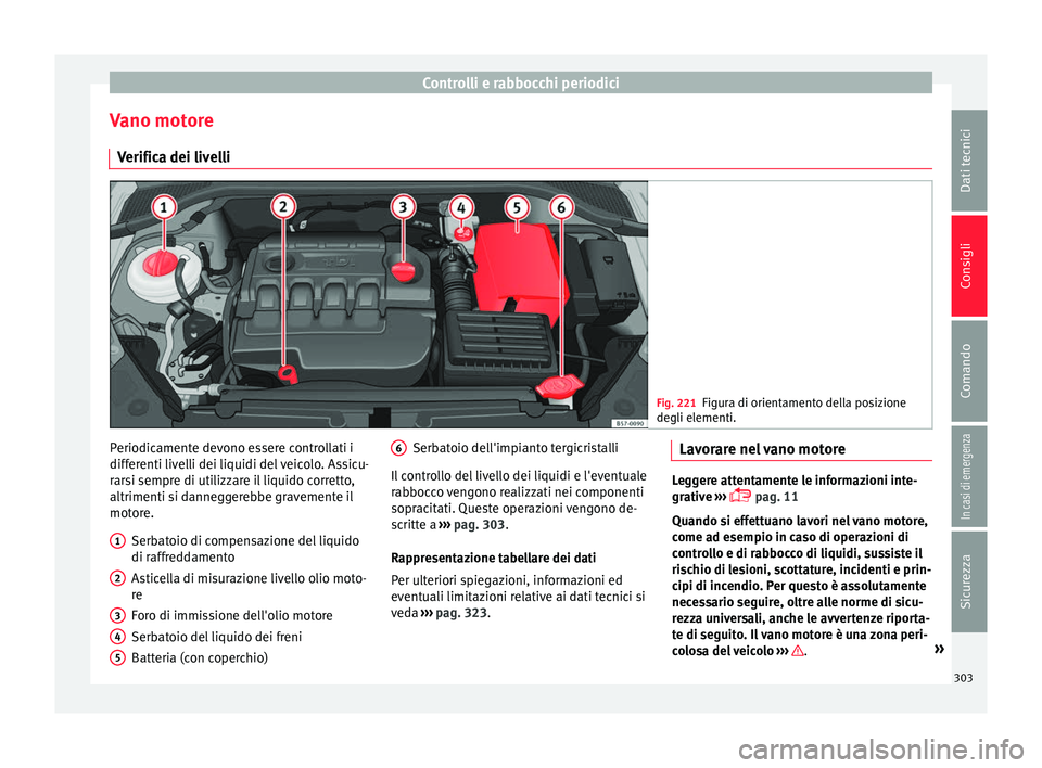 Seat Ateca 2016 Manuale del proprietario (in Italian) Controlli e rabbocchi periodici
Vano motore V erific
a dei livelli Fig. 221
Figura di orientamento della posizione
de gli el
ementi. Periodicamente devono essere controllati i
diff
er
enti livelli d Seat Ateca 2016 Manuale del proprietario (in Italian) Controlli e rabbocchi periodici
Vano motore V erific
a dei livelli Fig. 221
Figura di orientamento della posizione
de gli el
ementi. Periodicamente devono essere controllati i
diff
er
enti livelli d