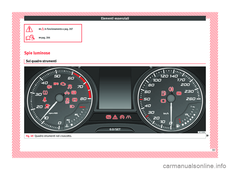 Seat Ateca 2016  Manuale del proprietario (in Italian) Elementi essenziali
›››  in Funzionamento a pag. 207
›››  pag. 206 Spie luminose
S u

l quadro strumenti Fig. 49
Quadro strumenti nel cruscotto. » 39   
