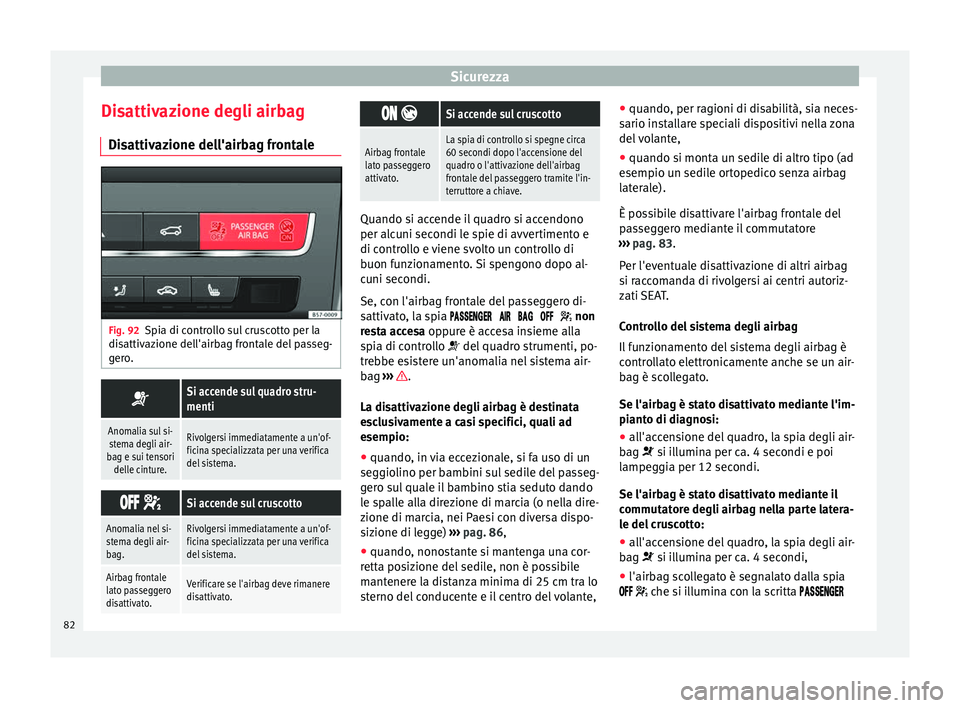 Seat Ateca 2016 Manuale del proprietario (in Italian) Sicurezza
Disattivazione degli airbag Di s
attivazione dell'airbag frontale Fig. 92
Spia di controllo sul cruscotto per la
di s
attivazione dell'airbag frontale del passeg-
gero.
Si accen Seat Ateca 2016 Manuale del proprietario (in Italian) Sicurezza
Disattivazione degli airbag Di s
attivazione dell'airbag frontale Fig. 92
Spia di controllo sul cruscotto per la
di s
attivazione dell'airbag frontale del passeg-
gero.
Si accen