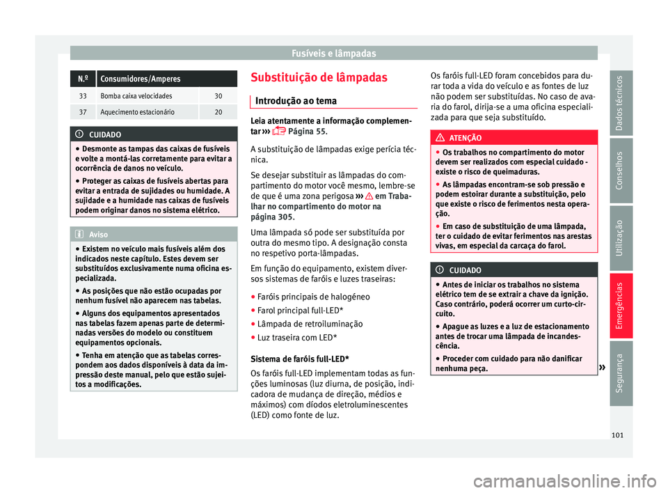 Seat Ateca 2016 Manual do proprietário (in Portuguese) Fusíveis e lâmpadasN.ºConsumidores/Amperes
33Bomba caixa velocidades30
37Aquecimento estacionário20
CUIDADO
● De
smonte as tampas das caixas de fusíveis
e volte a montá-las corretamente para Seat Ateca 2016 Manual do proprietário (in Portuguese) Fusíveis e lâmpadasN.ºConsumidores/Amperes
33Bomba caixa velocidades30
37Aquecimento estacionário20
CUIDADO
● De
smonte as tampas das caixas de fusíveis
e volte a montá-las corretamente para
