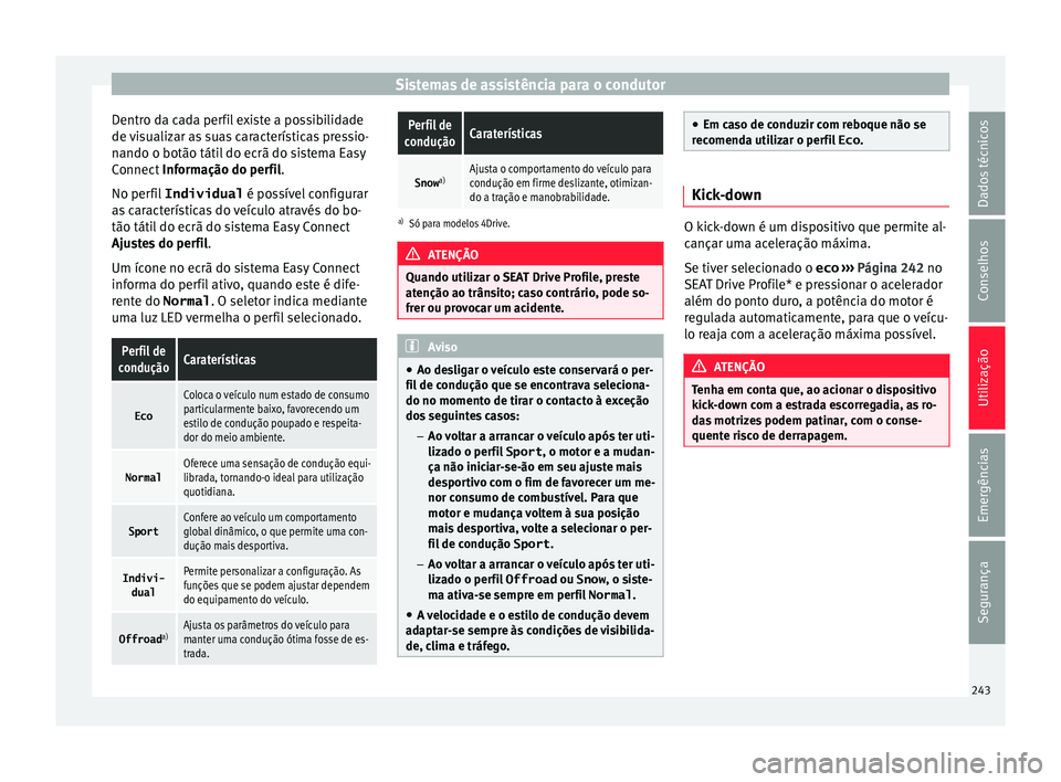 Seat Ateca 2016 Manual do proprietário (in Portuguese) Sistemas de assistência para o condutor
Dentro da cada perfil existe a possibilidade
de v
isualizar as suas características pressio-
nando o botão tátil do ecrã do sistema Easy
Connect Informa Seat Ateca 2016 Manual do proprietário (in Portuguese) Sistemas de assistência para o condutor
Dentro da cada perfil existe a possibilidade
de v
isualizar as suas características pressio-
nando o botão tátil do ecrã do sistema Easy
Connect Informa