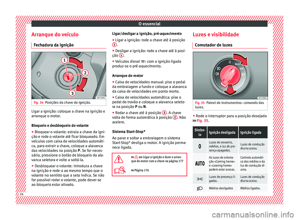 Seat Ateca 2016 Manual do proprietário (in Portuguese) O essencial
Arranque do veículo Fec
hadura da ignição Fig. 34
Posições da chave da ignição. Ligar a ignição: coloque a chave na ignição e
arr
anque o mot
or.
Bloqueio e desbloqueio do vola Seat Ateca 2016 Manual do proprietário (in Portuguese) O essencial
Arranque do veículo Fec
hadura da ignição Fig. 34
Posições da chave da ignição. Ligar a ignição: coloque a chave na ignição e
arr
anque o mot
or.
Bloqueio e desbloqueio do vola