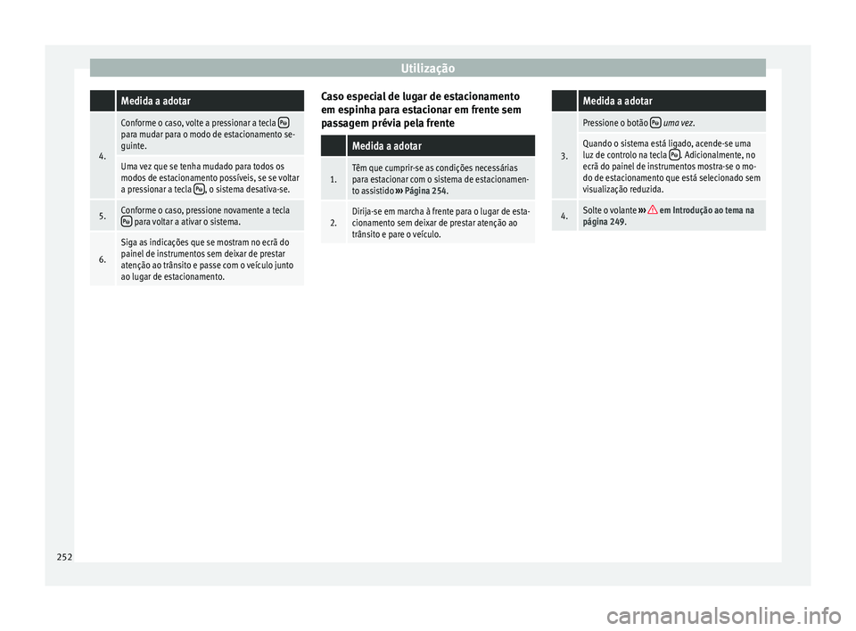 Seat Ateca 2016 Manual do proprietário (in Portuguese) Utilização Medida a adotar
4.
Conforme o caso, volte a pressionar a tecla para mudar para o modo de estacionamento se-
guinte.
Uma vez que se tenha mudado para todos os
modos de estacionamento po Seat Ateca 2016 Manual do proprietário (in Portuguese) Utilização Medida a adotar
4.
Conforme o caso, volte a pressionar a tecla para mudar para o modo de estacionamento se-
guinte.
Uma vez que se tenha mudado para todos os
modos de estacionamento po