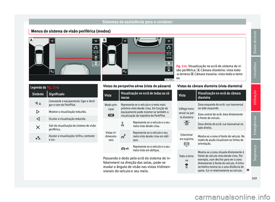 Seat Ateca 2016 Manual do proprietário (in Portuguese) Sistemas de assistência para o condutor
Menus do sistema de visão periférica (modos) Fig. 214
Visualização no ecrã do sistema de vi-
são periféric a:
Câmara dianteira: vista todo-
-o-ter Seat Ateca 2016 Manual do proprietário (in Portuguese) Sistemas de assistência para o condutor
Menus do sistema de visão periférica (modos) Fig. 214
Visualização no ecrã do sistema de vi-
são periféric a:
Câmara dianteira: vista todo-
-o-ter