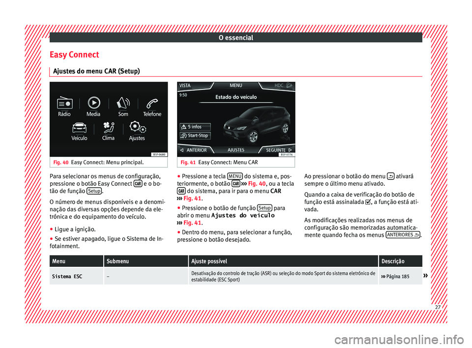 Seat Ateca 2016 Manual do proprietário (in Portuguese) O essencial
Easy Connect Aju s
tes do menu CAR (Setup) Fig. 40
Easy Connect: Menu principal. Fig. 41
Easy Connect: Menu CAR Para selecionar os menus de configuração,
pr
e
ssione o botão Easy Conne Seat Ateca 2016 Manual do proprietário (in Portuguese) O essencial
Easy Connect Aju s
tes do menu CAR (Setup) Fig. 40
Easy Connect: Menu principal. Fig. 41
Easy Connect: Menu CAR Para selecionar os menus de configuração,
pr
e
ssione o botão Easy Conne