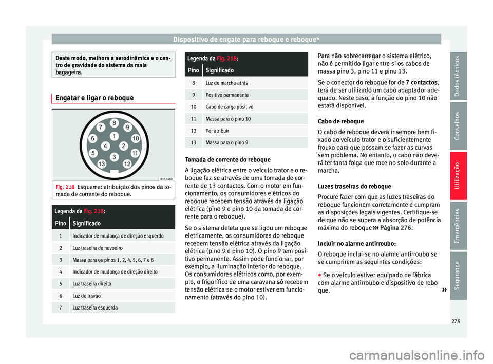 Seat Ateca 2016 Manual do proprietário (in Portuguese) Dispositivo de engate para reboque e reboque*
Deste modo, melhora a aerodinâmica e o cen-
tr
o de gr
avidade do sistema da mala
bagageira. Engatar e ligar o reboque
Fig. 218
Esquema: atribuição dos Seat Ateca 2016 Manual do proprietário (in Portuguese) Dispositivo de engate para reboque e reboque*
Deste modo, melhora a aerodinâmica e o cen-
tr
o de gr
avidade do sistema da mala
bagageira. Engatar e ligar o reboque
Fig. 218
Esquema: atribuição dos