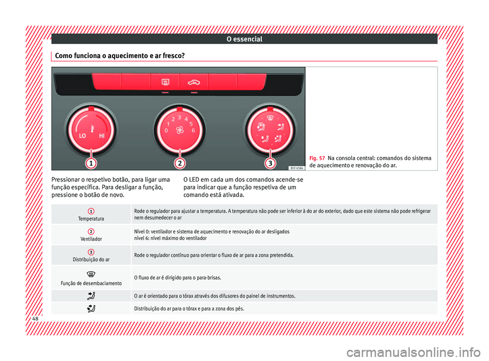 Seat Ateca 2016  Manual do proprietário (in Portuguese)  O essencial
Como funciona o aquecimento e ar fresco? Fig. 57
Na consola central: comandos do sistema
de aquec iment
o e renovação do ar. Pressionar o respetivo botão, para ligar uma
f
u

nção esp