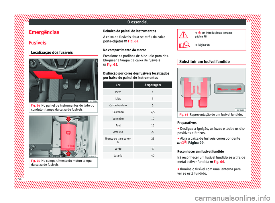 Seat Ateca 2016 Manual do proprietário (in Portuguese) O essencial
Emergências
F u
síveis
Localização dos fusíveis Fig. 64
No painel de instrumentos do lado do
c ondut
or: tampa da caixa de fusíveis. Fig. 65
No compartimento do motor: tampa
d a c
Seat Ateca 2016 Manual do proprietário (in Portuguese) O essencial
Emergências
F u
síveis
Localização dos fusíveis Fig. 64
No painel de instrumentos do lado do
c ondut
or: tampa da caixa de fusíveis. Fig. 65
No compartimento do motor: tampa
d a c