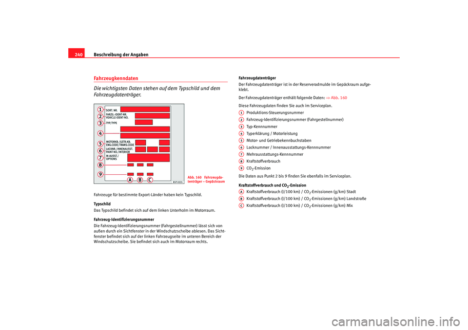 Seat Cordoba 2008  Betriebsanleitung (in German) Beschreibung der Angaben
240Fahrzeugkenndaten
Die wichtigsten Daten stehen auf dem Typschild und dem 
Fahrzeugdatenträger.Fahrzeuge für bestimmte Export-Länder haben kein Typschild.
Typsch ild
Das 