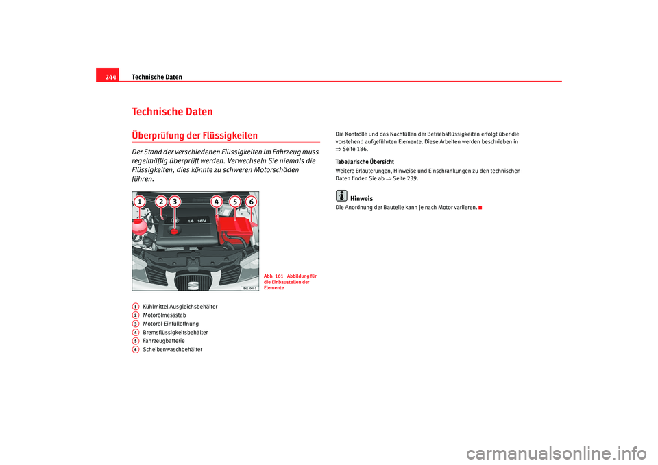 Seat Cordoba 2008  Betriebsanleitung (in German) Technische Daten
244Technische DatenÜberprüfung der FlüssigkeitenDer Stand der verschiedenen Flüssigkeiten im Fahrzeug muss 
regelmäßig überprüft werden. Verwechseln Sie niemals die 
Flüssigk