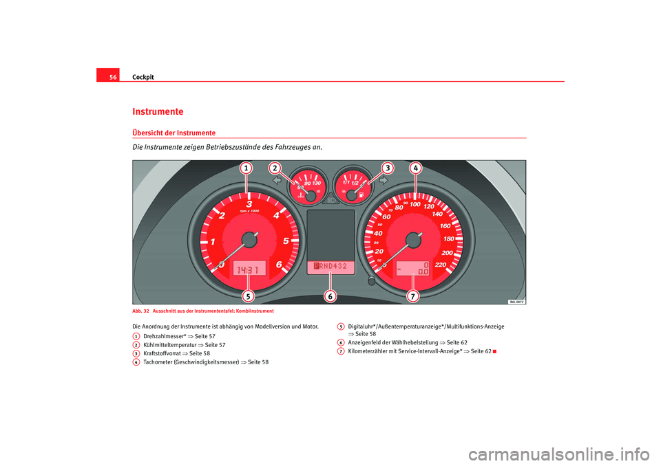 Seat Cordoba 2008  Betriebsanleitung (in German) Cockpit
56InstrumenteÜbersicht der Instrumente 
Die Instrumente zeigen Betriebszustände des Fahrzeuges an.Abb. 32  Ausschnitt aus der Instrumententafel: KombiinstrumentDie Anordnung der Instrumente 
