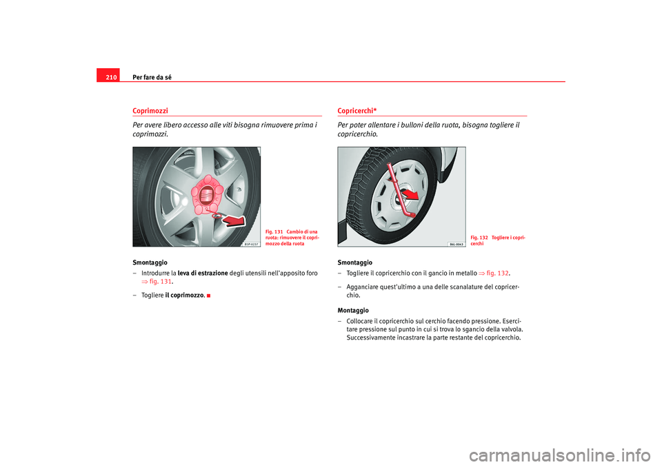 Seat Cordoba 2008  Manuale del proprietario (in Italian) Per fare da sé
210Coprimozzi
Per avere libero accesso alle viti bisogna rimuovere prima i 
coprimozzi.Smontaggio
– Introdurre la  leva di estrazione degli utensili nellapposito foro 
⇒ fig. 131.