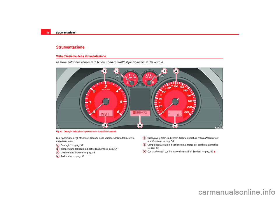 Seat Cordoba 2008  Manuale del proprietario (in Italian) Strumentazione
56StrumentazioneVista dinsieme della strumentazione
La strumentazione consente di tenere so tto controllo il funzionamento del veicolo.Fig. 32  Dettaglio della plancia portastrumenti: 