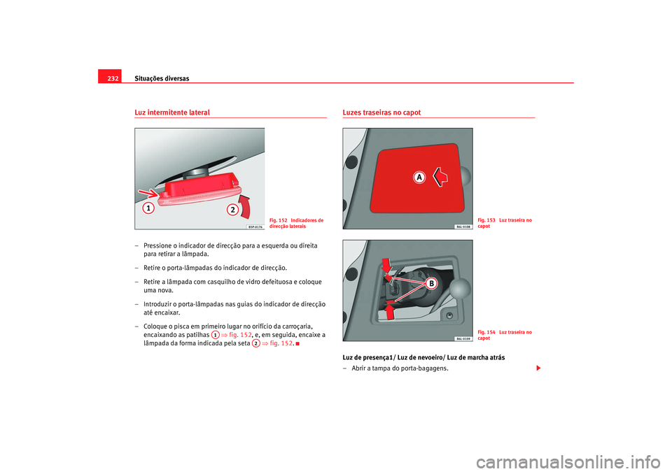 Seat Cordoba 2008  Manual do proprietário (in Portuguese)  Situações diversas
232Luz intermitente lateral– Pressione o indicador de direcção para a esquerda ou direita 
para retirar a lâmpada.
– Retire o porta-lâmpadas do indicador de direcção.
