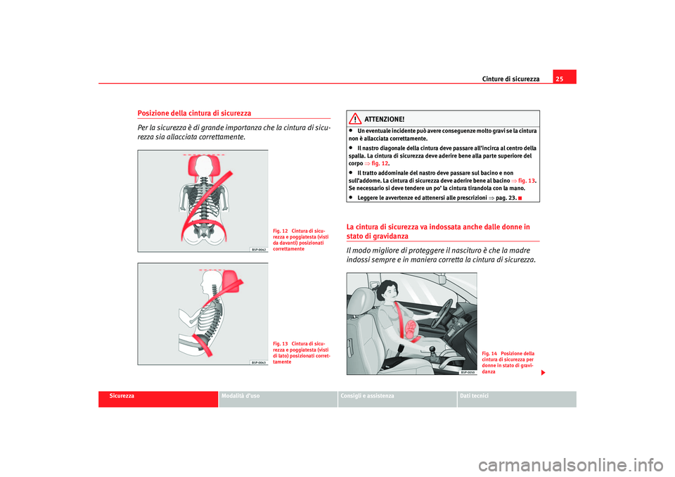 Seat Cordoba 2007 Manuale del proprietario (in Italian) Cinture di sicurezza25
Sicurezza
Modalità d’uso
Consigli e assistenza
Dati tecnici
Posizione della cintura di sicurezza
Per la sicurezza è di grande impo rtanza che la cintura di sicu-
rezza sia a Seat Cordoba 2007 Manuale del proprietario (in Italian) Cinture di sicurezza25
Sicurezza
Modalità d’uso
Consigli e assistenza
Dati tecnici
Posizione della cintura di sicurezza
Per la sicurezza è di grande impo rtanza che la cintura di sicu-
rezza sia a