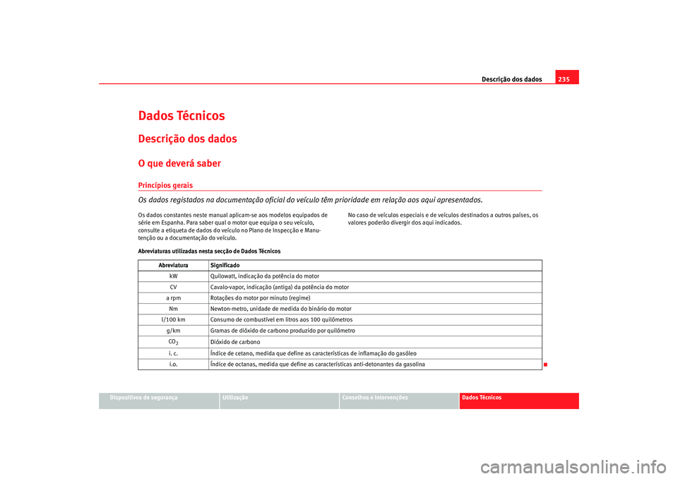 Seat Cordoba 2007 Manual do proprietário (in Portuguese) Descrição dos dados235
Dispositivos de segurança
Utilização
Conselhos e Intervenções
Dados Técnicos
Dados TécnicosDescrição dos dadosO que deverá saberPrincípios gerais
Os dados registado Seat Cordoba 2007 Manual do proprietário (in Portuguese) Descrição dos dados235
Dispositivos de segurança
Utilização
Conselhos e Intervenções
Dados Técnicos
Dados TécnicosDescrição dos dadosO que deverá saberPrincípios gerais
Os dados registado
