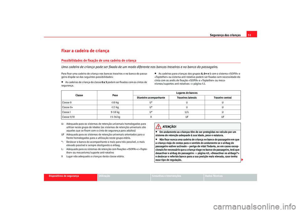 Seat Cordoba 2007 Manual do proprietário (in Portuguese) Segurança das crianças51
Dispositivos de segurança
Utilização
Conselhos e Intervenções
Dados Técnicos
Fixar a cadeira de criançaPossibilidades de fixação de uma cadeira de criança
Uma cade Seat Cordoba 2007 Manual do proprietário (in Portuguese) Segurança das crianças51
Dispositivos de segurança
Utilização
Conselhos e Intervenções
Dados Técnicos
Fixar a cadeira de criançaPossibilidades de fixação de uma cadeira de criança
Uma cade