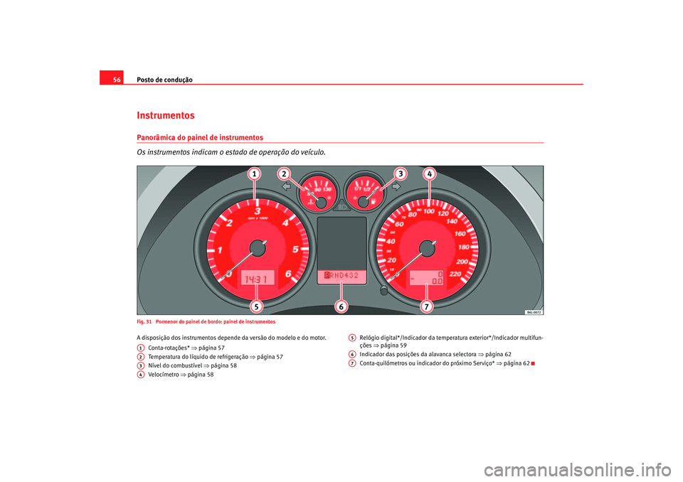 Seat Cordoba 2007  Manual do proprietário (in Portuguese)  Posto de condução
56InstrumentosPanorâmica do painel de instrumentos
Os instrumentos indicam o estado de operação do veículo.Fig. 31  Pormenor do painel de bordo: painel de instrumentosA disposi