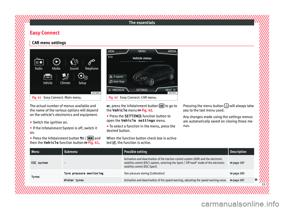 Seat Leon 5D 2017 Owners manual The essentials
Easy Connect CAR menu settin g
s Fig. 41
Easy Connect: Main menu. Fig. 42
Easy Connect: CAR menu. The actual number of menus available and
the n
ame of
the v
arious options will depe Seat Leon 5D 2017 Owners manual The essentials
Easy Connect CAR menu settin g
s Fig. 41
Easy Connect: Main menu. Fig. 42
Easy Connect: CAR menu. The actual number of menus available and
the n
ame of
the v
arious options will depe