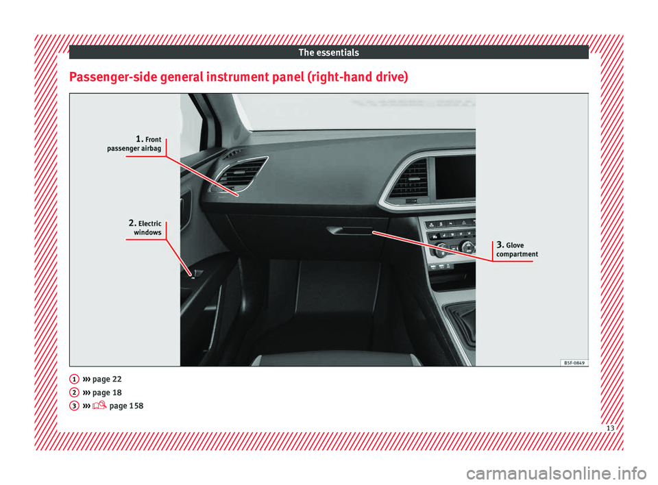 Seat Leon SC 2017  Owners manual The essentials
Passenger-side general instrument panel (right-hand drive) ››› 
page 22
› ›
› page 18
›››   page 158 1
2
3
13  