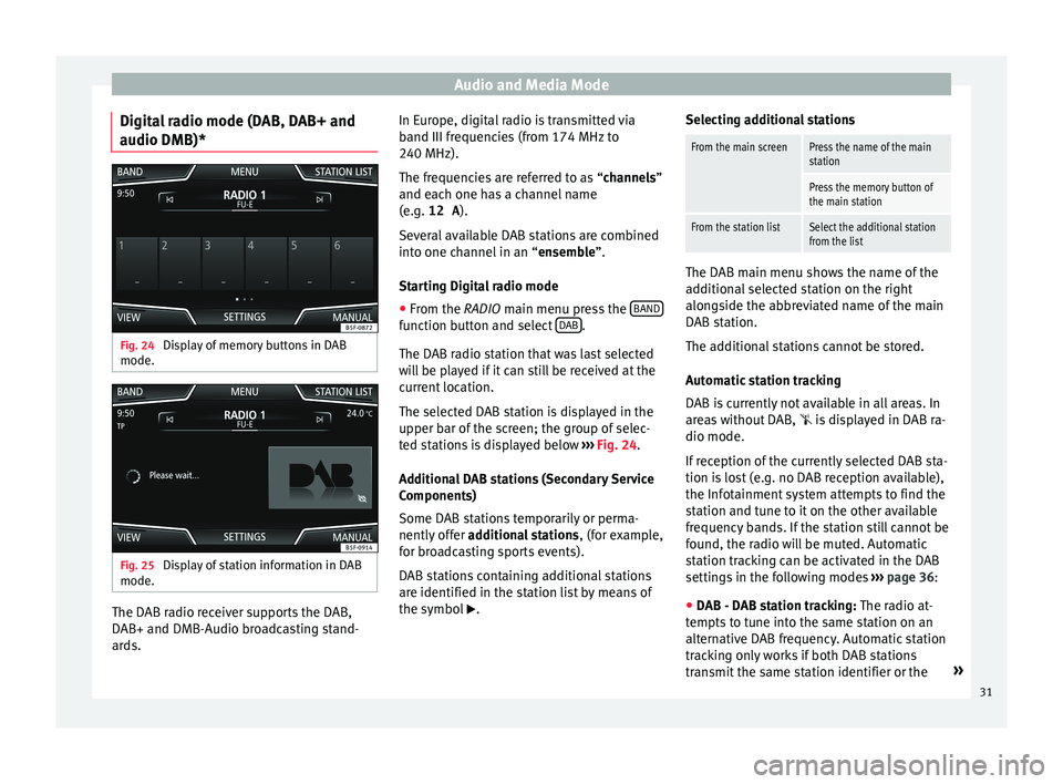 Seat Leon SC 2017  MEDIA SYSTEM PLUS - NAVI SYSTEM - NAVI SYSTEM PLUS Audio and Media Mode
Digital radio mode (DAB, DAB+ and
audio DMB)* Fig. 24 
Display of memory buttons in DAB
mode. Fig. 25 
Display of station information in DAB
mode. The DAB radio receiver supports 
