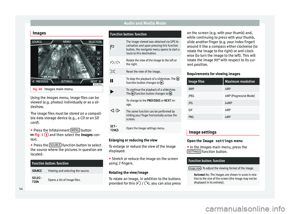 Seat Leon SC 2017  MEDIA SYSTEM PLUS - NAVI SYSTEM - NAVI SYSTEM PLUS Audio and Media Mode
Images Fig. 40 
Images main menu. Using the Ima
ge
s  menu, image files can be
viewed (e.g. photos) individually or as a sli-
deshow.
The image files must be stored on a compati-
