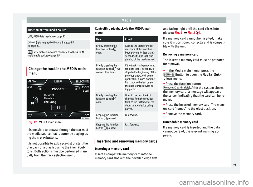Seat Leon 5D 2016  MEDIA SYSTEM TOUCH - COLOUR MediaFunction button: media source
USB: USB data medium 
››› page 22.
BT audio: playing audio files via Bluetooth ®
›››  page 23.
AUX: external audio source connected to the AUX-IN
multim
