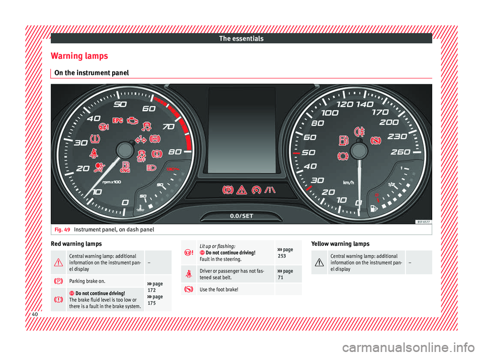 Seat Leon Sportstourer 2016  Owners manual The essentials
Warning lamps On the in s
trument
 panelFig. 49 
Instrument panel, on dash panel Red warning lamps

Central warning lamp: additional
information on the instrument pan-
el display–
