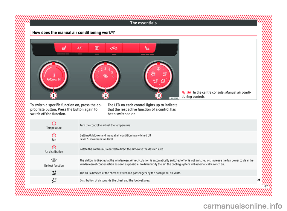 Seat Leon Sportstourer 2016  Owners manual The essentials
How does the manual air conditioning work*? Fig. 56 
In the centre console: Manual air condi-
tioning c ontr
ols To switch a specific function on, press the ap-
pr
opri
at

e button. Pr