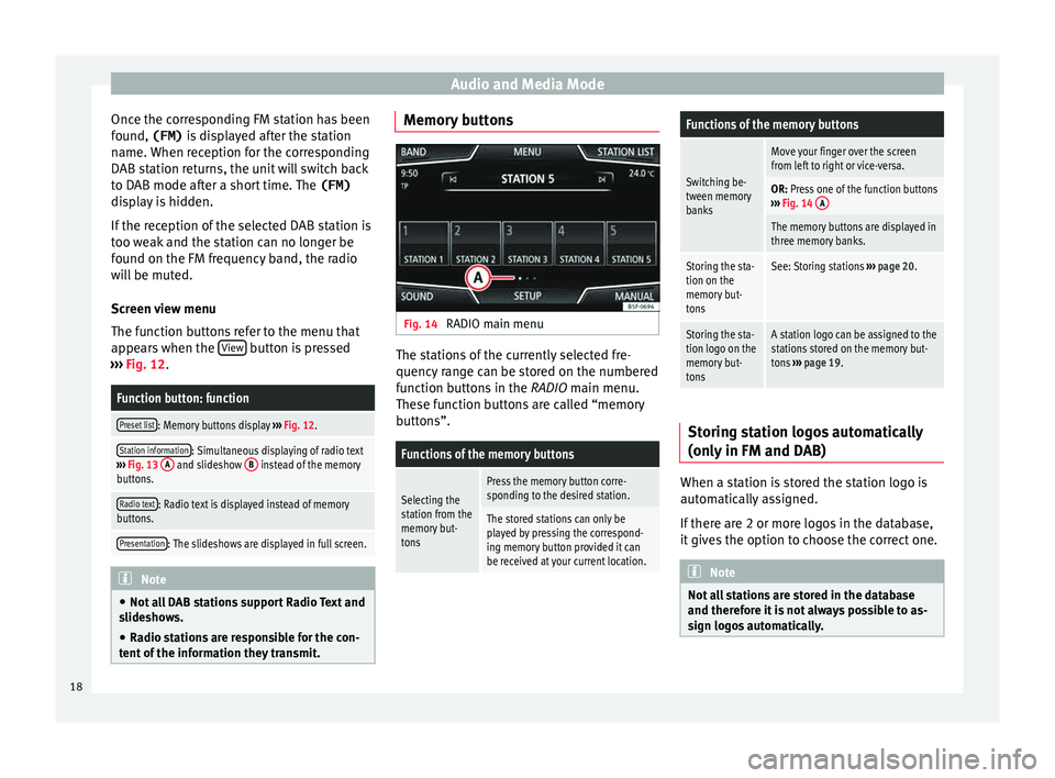 Seat Leon 5D 2015  MEDIA SYSTEM PLUS - NAVI SYSTEM Audio and Media Mode
Once the corresponding FM station has been
f ou
nd, 
(FM) is displayed after the station
name. When reception for the corresponding
DAB station returns, the unit will switch back
