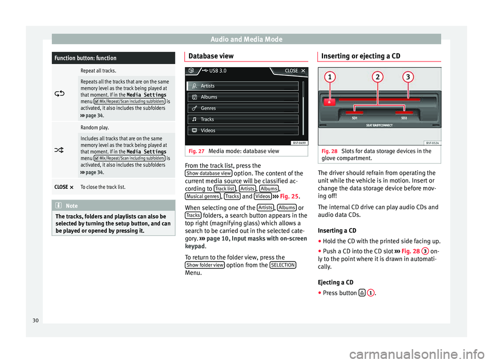 Seat Leon 5D 2015  MEDIA SYSTEM PLUS - NAVI SYSTEM Audio and Media ModeFunction button: function

Repeat all tracks.
Repeats all the tracks that are on the same
memory level as the track being played at
that moment. If in the 
Media Settings
menu 
