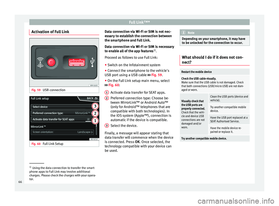 Seat Leon 5D 2015  MEDIA SYSTEM PLUS - NAVI SYSTEM Full Link™*
Activation of Full Link Fig. 59 
USB connection Fig. 60 
Full Link Setup Data connection via Wi-Fi or SIM is not nec-
e
s
s
ary to establish the connection between
the smartphone and Ful