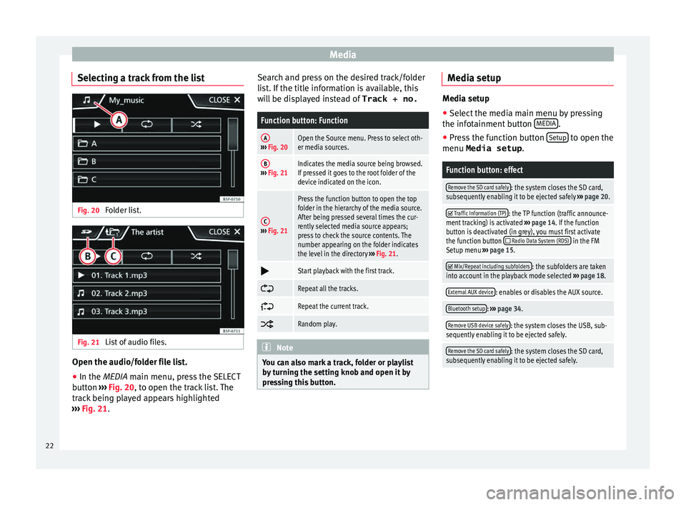 Seat Leon SC 2015  MEDIA SYSTEM TOUCH - COLOUR Media
Selecting a track from the list Fig. 20 
Folder list. Fig. 21 
List of audio files. Open the audio/folder file list.
● In the MEDIA m ain menu, pr
e ss the SELECT
button  ››› Fig. 20, to