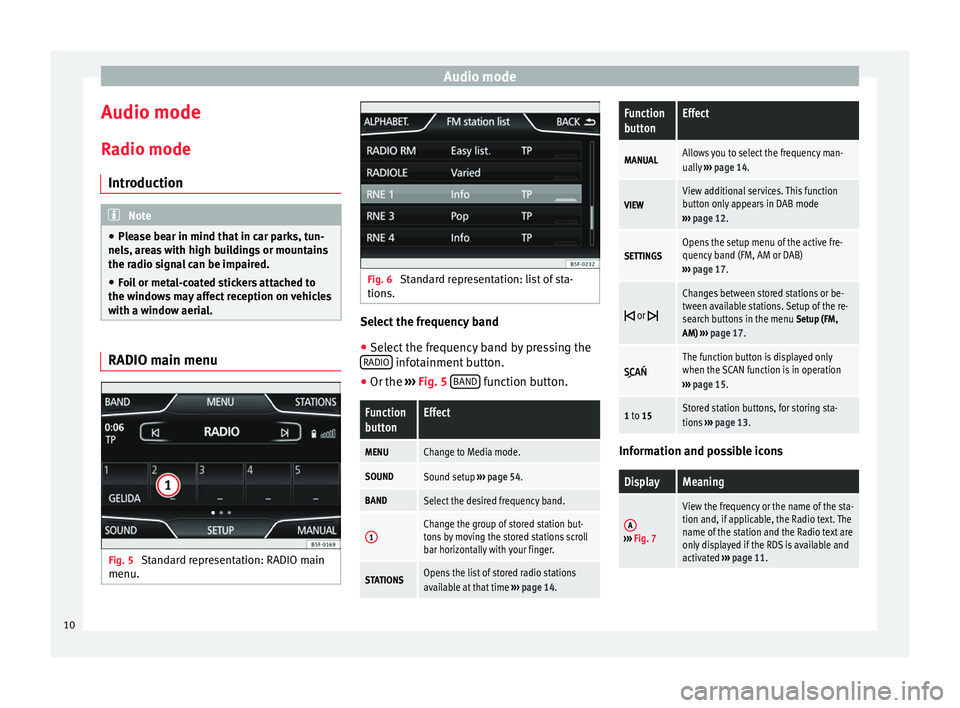 Seat Leon 5D 2014  MEDIA SYSTEM PLUS - NAVI SYSTEM Audio mode
Audio mode
Radio mode Introduction Note
● Please bear in mind that in car parks, tun-
nels, areas with high buildings or mountains
the radio signal can be impaired.
● Foil or metal-coat