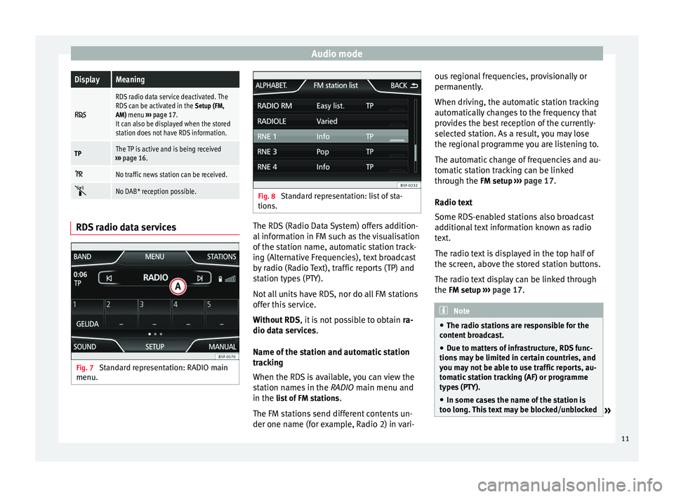 Seat Leon 5D 2014  MEDIA SYSTEM PLUS - NAVI SYSTEM Audio modeDisplayMeaning
 
RDS radio data service deactivated. The
RDS can be activated in the 
Setup (FM,
AM) menu  ››› page 17.
It can also be displayed when the stored
station does not have R
