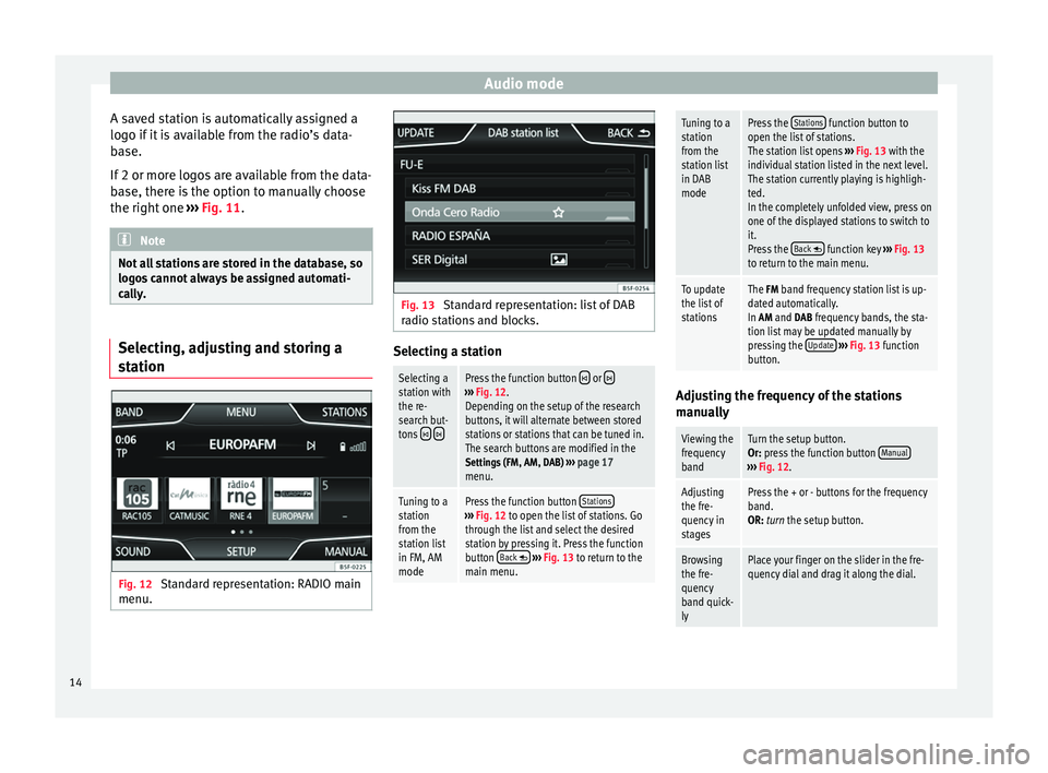 Seat Leon 5D 2014  MEDIA SYSTEM PLUS - NAVI SYSTEM Audio mode
A saved station is automatically assigned a
logo if it is available from the radio’s data-
base.
If 2 or more logos are available from the data-
base, there is the option to manually choo