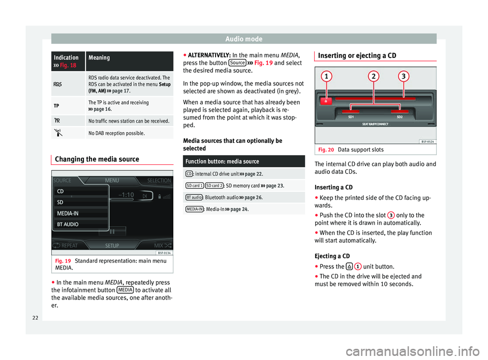 Seat Leon 5D 2014  MEDIA SYSTEM PLUS - NAVI SYSTEM Audio modeIndication
›››  Fig. 18Meaning
 RDS radio data service deactivated. The
RDS can be activated in the menu  Setup
(FM, AM)  ››› page 17.
TPThe TP is active and receiving
››› 