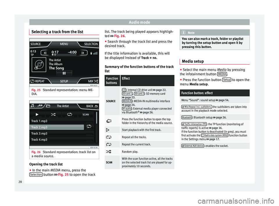 Seat Leon 5D 2014  MEDIA SYSTEM PLUS - NAVI SYSTEM Audio mode
Selecting a track from the list Fig. 25 
Standard representation: menu ME-
DIA. Fig. 26 
Standard representation: track list on
a media source. Opening the track list
● In the main  MEDIA