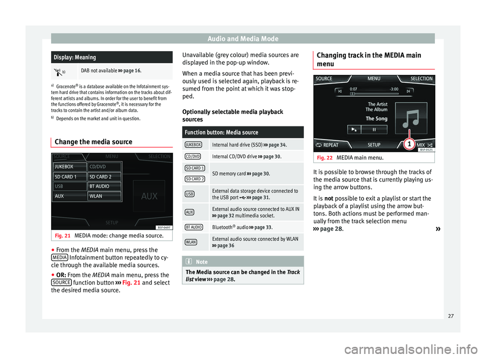Seat Leon 5D 2014  NAVI SYSTEM PLUS Audio and Media ModeDisplay: Meaning

b)DAB not available 
››› page 16.
a)
Gracenote ®
 is a database available on the Infotainment sys-
tem hard drive that contains information on the track