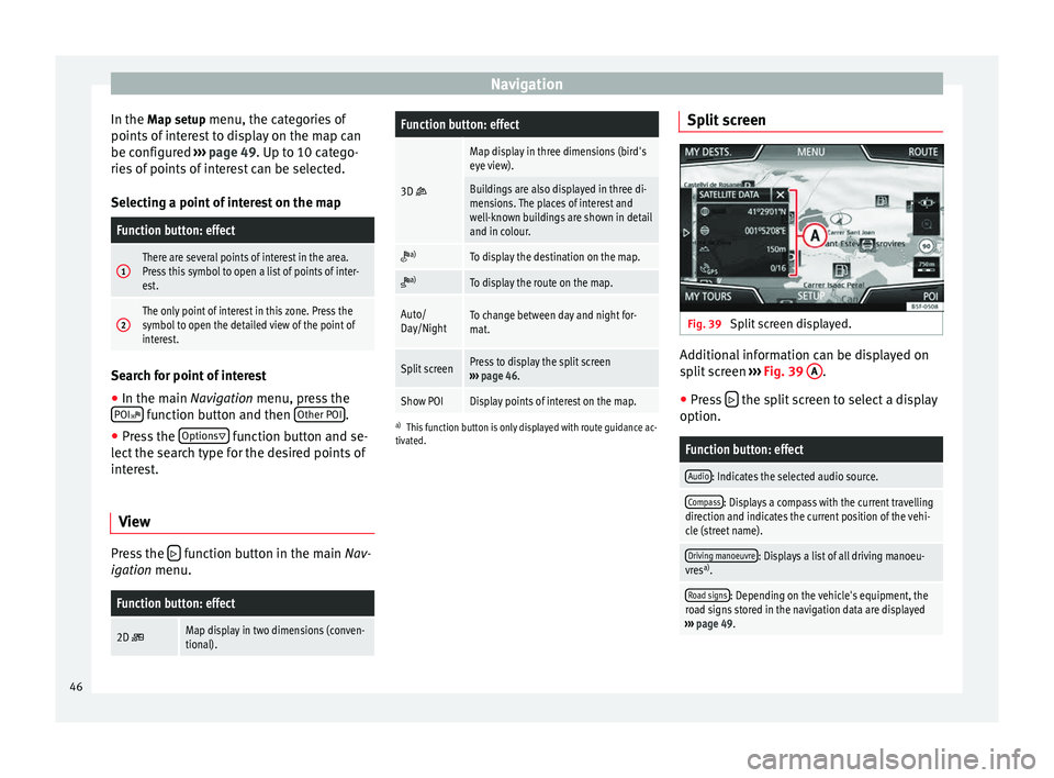 Seat Leon 5D 2014  NAVI SYSTEM PLUS Navigation
In the  Map setup menu, the categories of
points  of
 interest to display on the map can
be configured  ››› page 49. Up to 10 catego-
ries

 of points of interest can be selected.
Sel