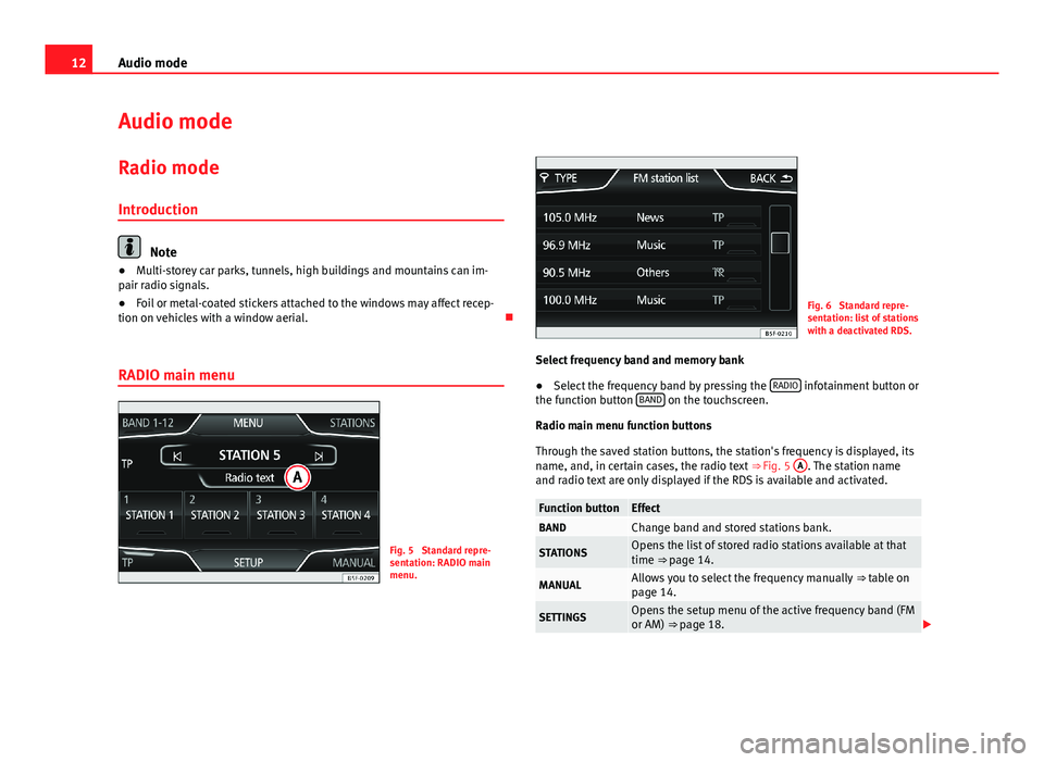 Seat Leon 5D 2013  MEDIA SYSTEM TOUCH - COLOUR 12Audio modeAudio modeRadio mode
Introduction
Note
●Multi-storey car parks, tunnels, high buildings and mountains can im-pair radio signals.●
Foil or metal-coated stickers attached to the windows 
