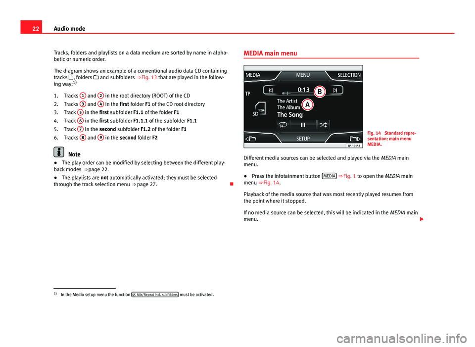 Seat Leon 5D 2013 MEDIA SYSTEM TOUCH - COLOUR 22Audio modeTracks, folders and playlists on a data medium are sorted by name in alpha-betic or numeric order.
The diagram shows an example of a conventional audio data CD containingtracks , folder Seat Leon 5D 2013 MEDIA SYSTEM TOUCH - COLOUR 22Audio modeTracks, folders and playlists on a data medium are sorted by name in alpha-betic or numeric order.
The diagram shows an example of a conventional audio data CD containingtracks , folder