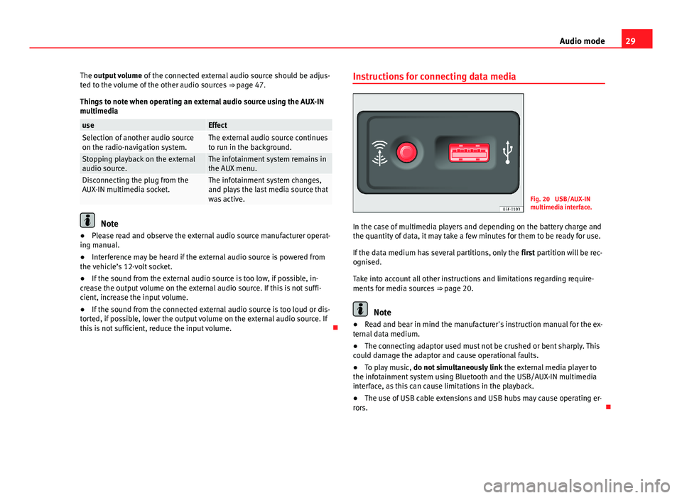 Seat Leon 5D 2013  MEDIA SYSTEM TOUCH - COLOUR 29Audio modeThe output volume of the connected external audio source should be adjus-ted to the volume of the other audio sources ⇒ page 47.
Things to note when operating an external audio source 