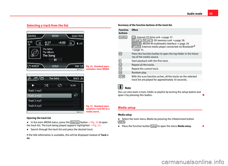 Seat Leon SC 2013  MEDIA SYSTEM PLUS - NAVI SYSTEM 33Audio modeSelecting a track from the listFig. 24 
Standard repre-sentation: menu MEDIA.
Fig. 25 
Standard repre-sentation: track list on amedia source.
Opening the track list
●
In the main MEDIA m